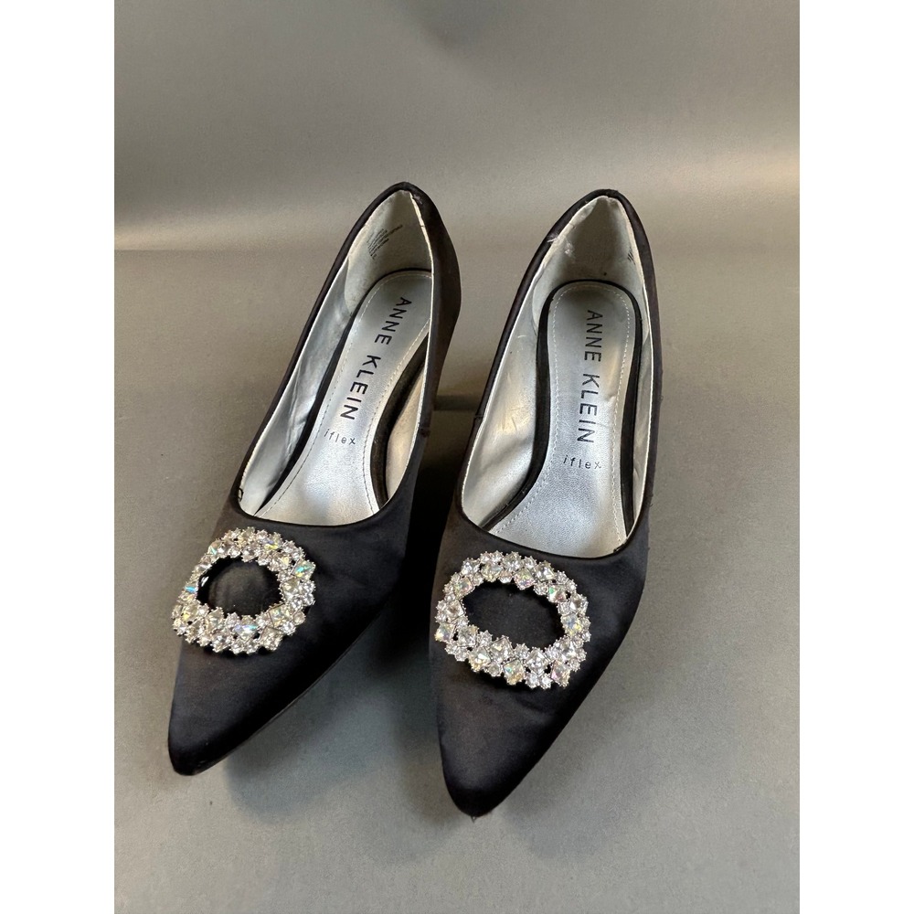 Anne Klein iFlex AKGAEL Black Satin Rhinestone Buckle Pointed Toe Pumps Women 10